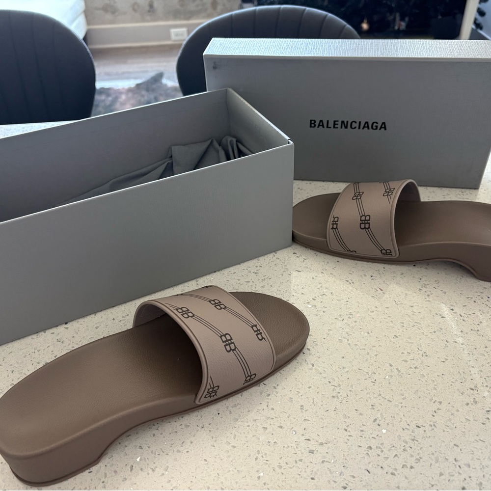 Balenciaga Taupe Slide Sandals